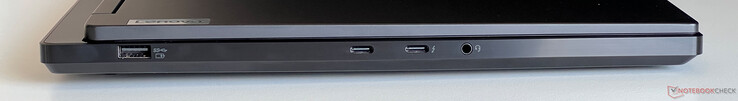 左：USB-A 3.2 Gen.1（5 Gbit/s）、USB-C 3.2 Gen.2（10 Gbit/s、DisplayPort ALT 模式 1.4、Power Delivery 3.0）、带 Thunderbolt 4 的 USB-C 4.0（40 GBit/s、DisplayPort Alt 模式 1.4、Power Delivery 3.0）、3.5 毫米音频插孔