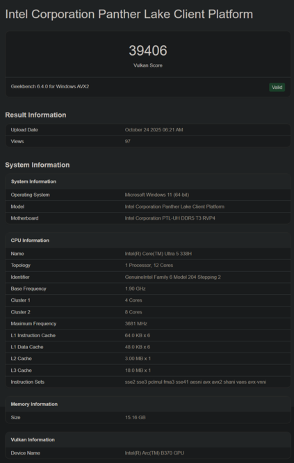 英特尔酷睿 5328H Geekbench 列表(图片来源:Geekbench)