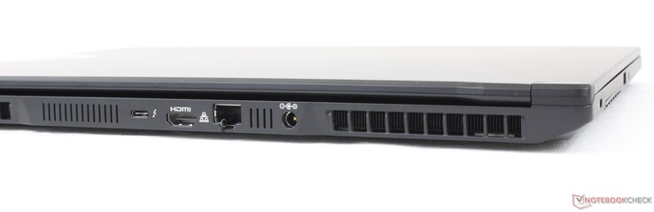 后部。USB-C + Thunderbolt 4 + DisplayPort, HDMI 2.1, 2.5-Gbit RJ-45, AC适配器