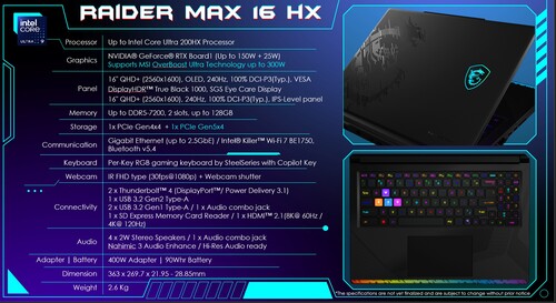 微星 Raider 16 Max HX 规格如图所示（图片来源：微星公关部）