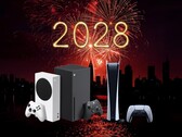 2028 年背景中展示的 Xbox 和 PS5 游戏机