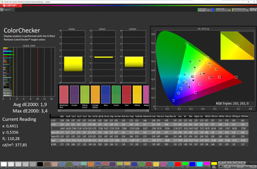 色彩精度（色彩目标空间：P3；配置文件：自然，最大暖色）。