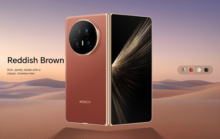 Honor Magic V5 在全球Honor 网站上提供的四种全球色彩选择。