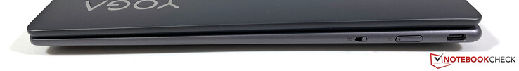 右边：网络摄像头隐私快门的开关，电源按钮，USB-C 3.2 Gen.2（10 Gbit/s，DisplayPort 1.4，Power Delivery 3.0）。