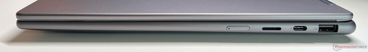 右：电源按钮、microSD 读卡器、USB-C 4.0 和 Thunderbolt 4（40 Gbit/s、DisplayPort 2.1、Power Delivery 3.0）、USB-A 3.2 Gen 1（5 Gbit/s、供电）