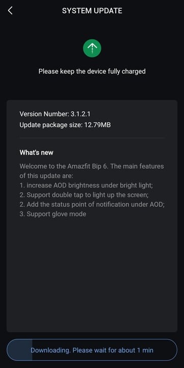 Amazfit Bip 6 智能手表 3.1.2.1 版软件的发布说明。(图片来源：u/Grand_Permission3151 via Reddit）