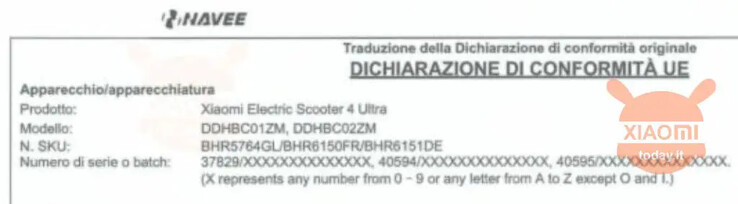 小米电动滑板车4 Ultra在意大利的符合性声明。(图片来源：XiaomiToday.it)