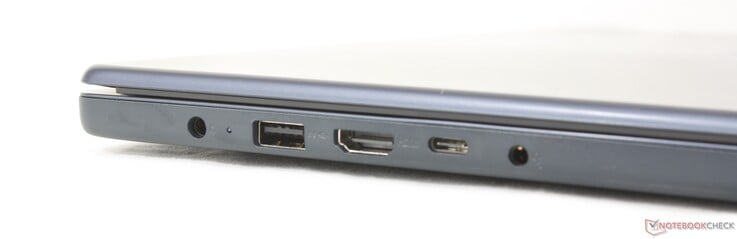 左侧：交流适配器、USB-A（5 Gbps）、HDMI 1.4、USB-C（5 Gbps，支持 Power Delivery 3.0 及 DisplayPort 1.2）、3.5 毫米耳机接口