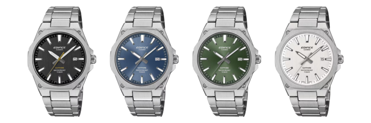 从左到右：Casio Edifice EFR-SE108D-1A、EFR-SE108D-2A、EFR-SE108D-3A 和 EFR-SE108D-7A 腕表