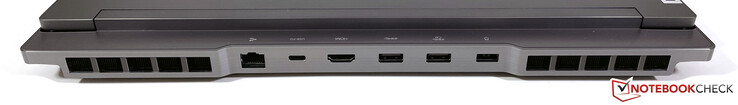 后部：2.5-Gbps以太网，USB-C 3.2 Gen.2（10 GBit/s，DisplayPort-ALT模式1.4，电源传输高达135瓦），HDMI 2.1，2个USB-A 3.2 Gen.1（5 GBit/s，1个供电），电源（超薄尖端）。