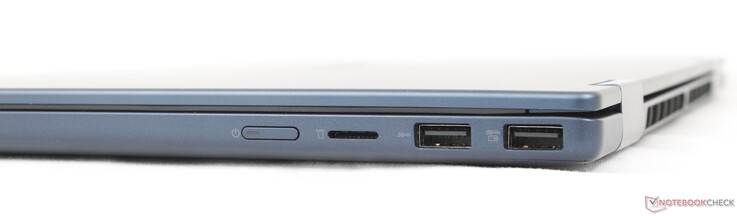 右侧电源按钮、MicroSD 读卡器、2 个 USB-A（5 Gbps）