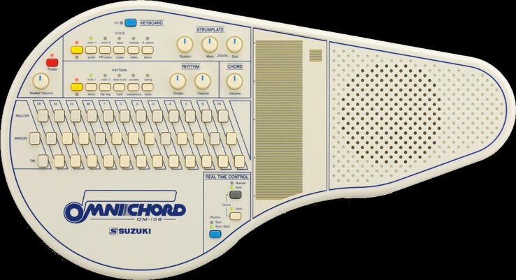 弹奏 Omnichord 时，手指可在垂直的弦板上轻扫，同时按下和弦按钮。(资料来源：铃木）