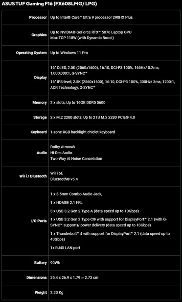 华硕 TUF Gaming F16（FX608LMG/ LPG）规格