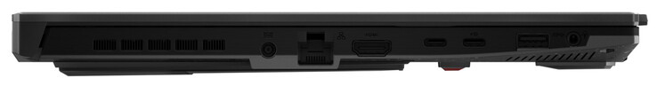 左侧。电源，千兆以太网，HDMI，雷电4（USB-C；DisplayPort），USB 3.2 Gen 2（USB-C；Power Delivery，DisplayPort，G-Sync），USB 3.2 Gen 1（USB-A），音频