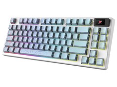 微星 Forge GK600 TKL 无线拓扑蓝色版，蓝色 PBT 键帽上有分层地形轮廓。(图片来源：微星）