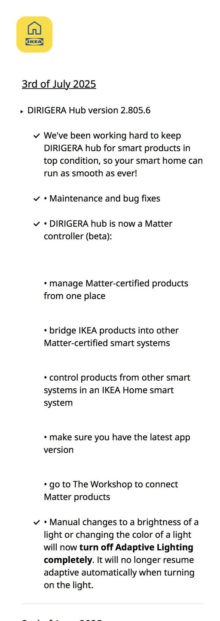 宜家 Dirigera Hub 软件 2.805.6 版的发布说明。(图片来源：IKEA via Reddit）