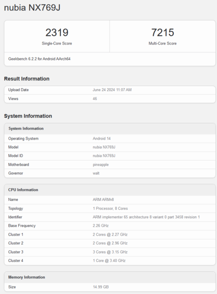 Redmagic 9S Pro Geekbench 列表（图片来自 Geekbench）