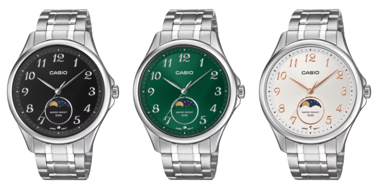 从左至右：卡西欧 MTP-M110D-1AV、MTP-M110D-3AV 和 MTP-M110D-7AV 手表。(图片来源：卡西欧，已编辑）