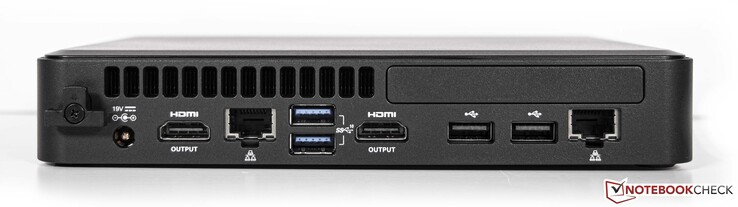 后部。电源接口，2个HDMI，2个LAN（Intel i219-LM GbE +Intel i211-AT GbE），2个USB3.1 Gen.2，2个USB2.0