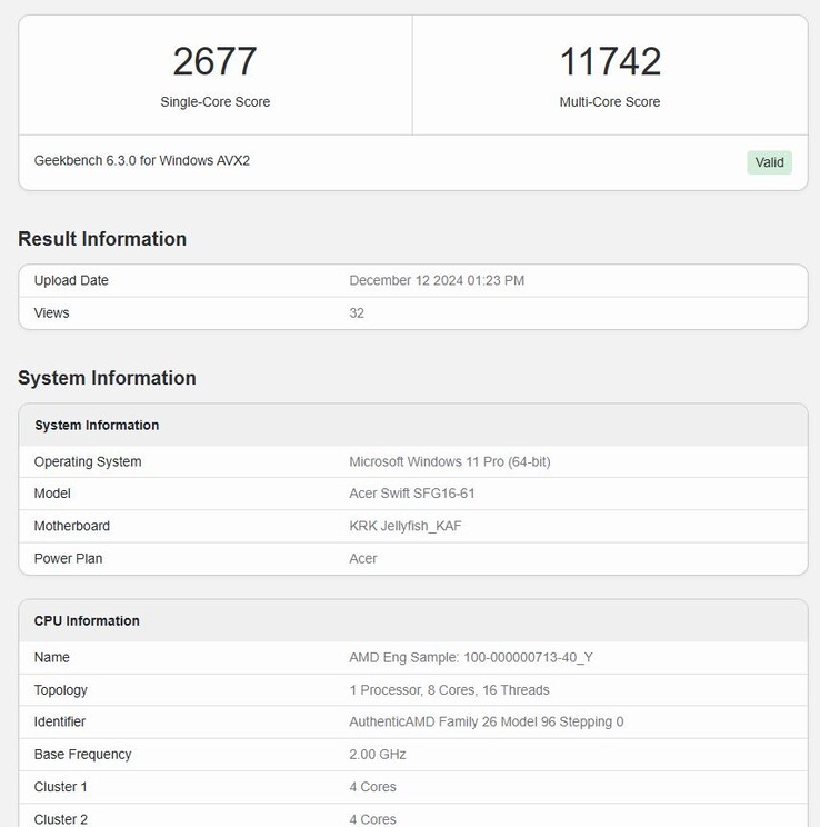 AMD 即将推出的 8 核 Ryzen AI 7 350 在 Geekbench 首次亮相，成绩不俗。(图片来源：Geekbench）