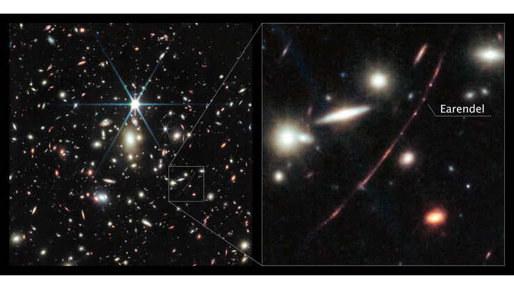 左图中的星系团增加了右图中被认为是宇宙中最遥远恒星的光线。(图片来源：NASA、ESA、CSA、D. Coe、B. Welch）