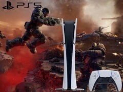 战争机器:E-Day》图样,带 PS5 徽标和游戏机。