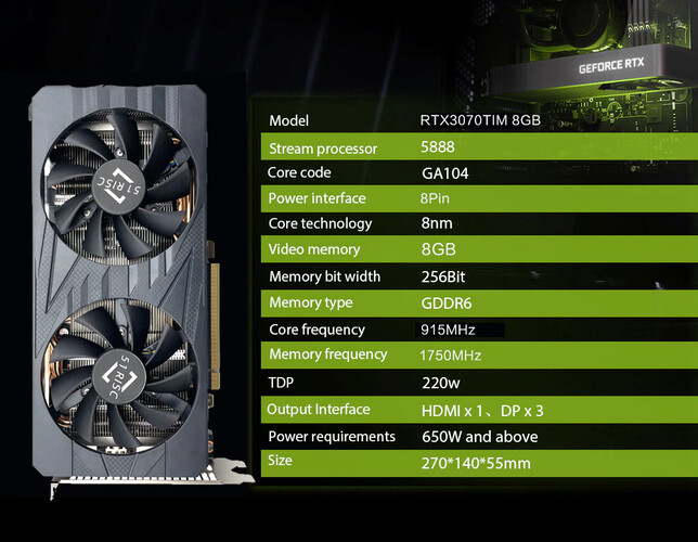 51Risc RTX 3070 TiM GPU - 规格。(图片来源：Aliexpress)