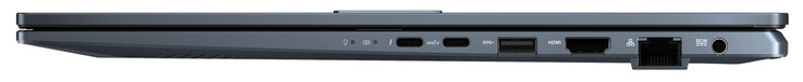 右侧：雷电4（USB-C；电源传输，DisplayPort），USB 3.2 Gen 2（USB-C；电源传输），USB 3.2 Gen 1（USB-A），HDMI，千兆以太网，电源连接