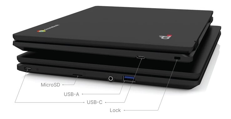CTLChromebook PX121E 配备两个 USB-C 端口、一个 USB-A 端口、一个 microSD 插槽和一个安全锁插槽。(图片来源：CTL）
