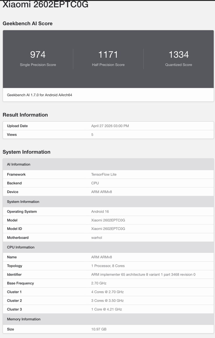 Geekbench 列表揭示了小米 17T Pro 的芯片组细节。