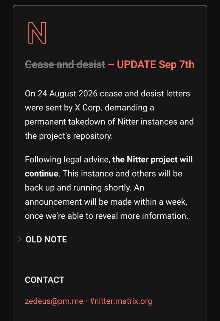 尽管X公司要求关闭，Nitter仍将继续运营