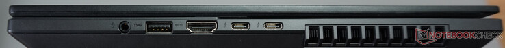 右侧端口：耳机、USB-A（5 Gbit/s）、HDMI 2.1 FRL、两个 Thunderbolt 4