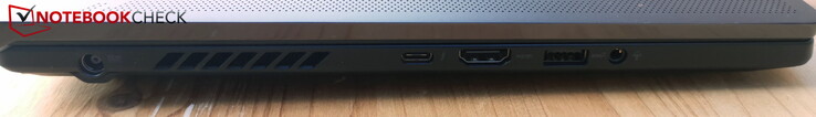 左边：电源、带DP和PD的雷电4、HDMI、USB-A 3.2 Gen2、耳机插孔