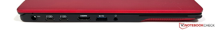 左边：电源，2个雷电4（USB-C），HDMI，1个USB-A 3.1 Gen1，3.5毫米插孔，智能卡阅读器