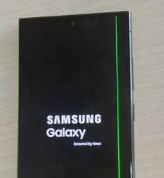 报告的Galaxy S24 Ultra 设备之一，存在垂直绿线问题。(来源：u/Independent-Bet-4916)