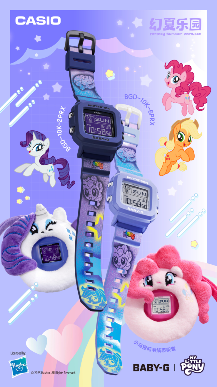 卡西欧 G-Shock Baby-G x My Little Pony BGD-10K-2PRX（左）和 BGD-10K-6PRX（右）手表。(图片来源：卡西欧）
