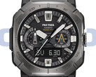 卡西欧 Pro Trek PRW-B1000-1（如图）采用深灰色不锈钢表圈，黑色表面配以银色装饰。(图片来源：Casio - 编辑）