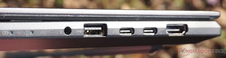 在右边。组合音频插孔、USB 3.0（5 Gbit/s）、2个USB-C（10 Gbit/s、DisplayPort、Power Delivery）、HDMI 2.1