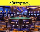 赛博朋克 2077 徽标位于未来派赌场上方（图片来源：Rockstar Games，有删改）
