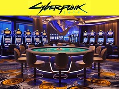 赛博朋克 2077 徽标位于未来派赌场上方（图片来源：Rockstar Games，有删改）