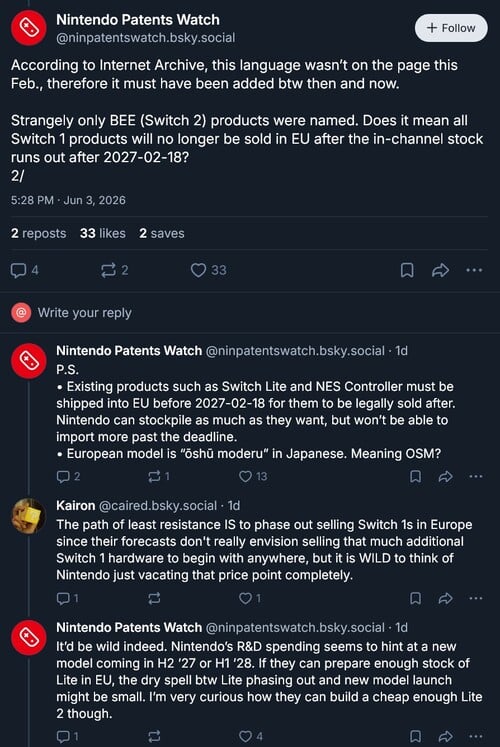 任天堂专利观察》关于 Switch 2 电池修订的文章