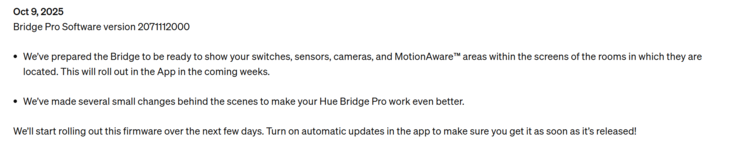 飞利浦 Hue Bridge Pro 首次更新的发布说明。(图片来源：飞利浦 Hue）