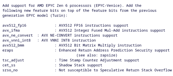 Ben Cheatham 的 QEMU 补丁中的提交信息,列出了为 Epyc-Venice 添加的新功能位。