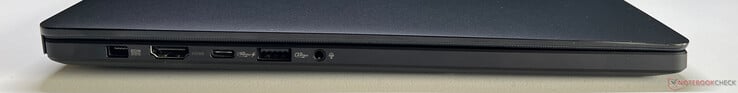 左：电源、HDMI 2.1 FRL、USB-C 4.0（40 GBit/s、DisplayPort、Power Delivery）、USB-A 3.2 Gen 2（10 GBit/s）、3.5 mm 音频