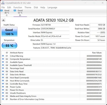 ADATA SE920 支持 PCIe 4.0 x4
