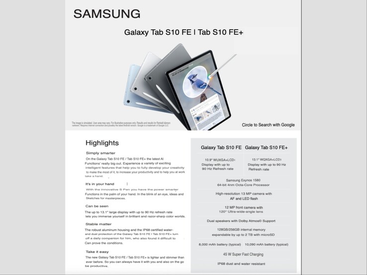 这张官方外观图展示了即将发布的Galaxy Tab S10 FE 和 FE+ 的功能和规格。(图片来源：Mystery Lupin on X）