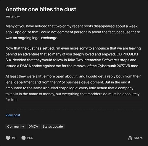 卢克-罗斯在 Patreon 上发布的《赛博朋克 2077》VR Mod 被删除的帖子（图片来源：截图，卢克-罗斯 Patreon）