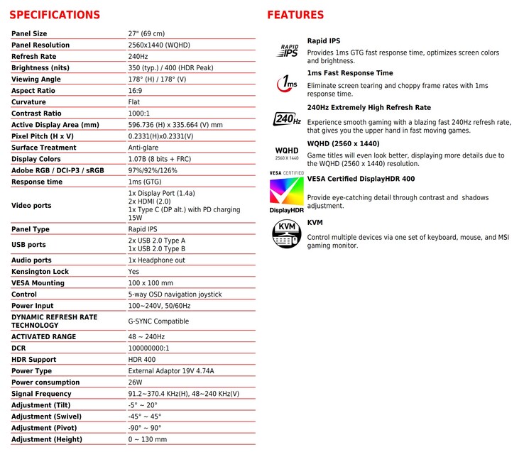 MSI Optix MAG274QRX - 规格。(来源：微星)