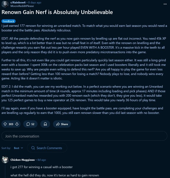 彩虹六号围攻 X》游戏内货币变化（图片来源：截图，Rainbow Six subreddit）