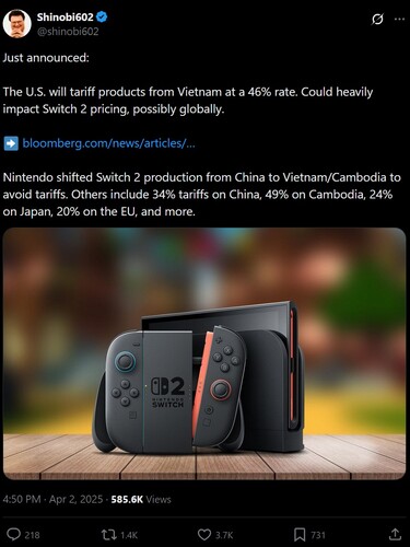 越南关税对 Switch 2 的影响在 X 上的反应（截图，Shinobi602 X 帐户）